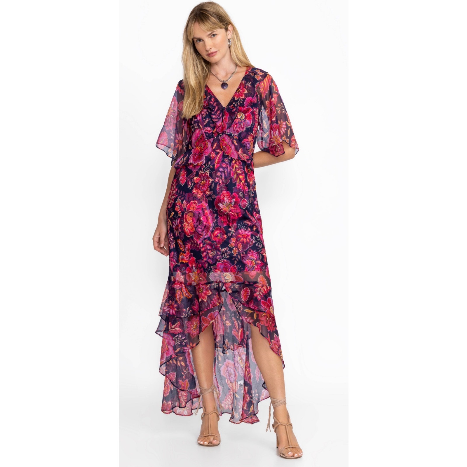 Johnny Was Luxee Silk Ruffle High Low Maxi Dress Blue Pink Print M